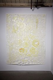 Chris Natrop, <i>Yellow Tempest Twist,</i> 2015 (Installation View), Watercolor, Metal Powder, Glitter, Paper, 90 x 72 Inches