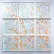 Chris Natrop, Ultra Vivid Aftermath 1-9, 2016, Acrylic, Aluminum Powder, Paper, Wood Frame, 80 x 80 Inches All, 26 x 26 Inches Each
