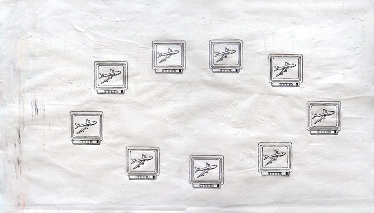 Michael Russell, Planes On a Screen, 2016, Oil Pastel, Graphite, and Ink on Paper, 11 x 18 Inches