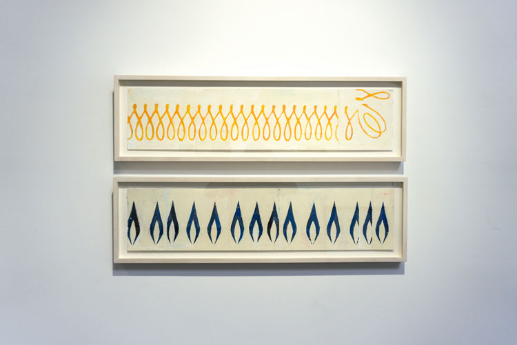 Michael Russell, Orange Pattern and Blue Pattern, 2016, Oil Pastel, Colored Pencil and Graphite on Paper, 9 x 32.5 Inches Each