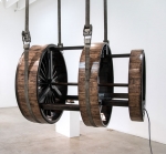 Michael Russell, <i>Matter of Time,</i> 2015, Wood and Stain, AC Gear Motor and Motor Control Adjusted to 1RPM, Pulleys with Timing Belt, 40 Inches Diameter x 54 Inches Length