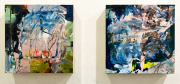 Audrey Tulimiero Welch, <i>Songlines 6 and 5,</i> 2022, acrylic and flashe on panel, 10 x 10 inches each
