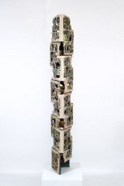 Brian Dettmer, New Wonderland, 2019, Hardcover Books, Acrylic Varnish, Pedestal, 61 x 9 x 9 Inches
