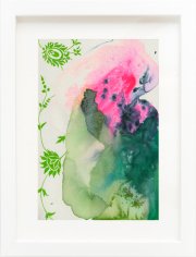 Carole Silverstein, "Flower Prayer (green-pink)," 2022, colored pencil, watercolor, and salt on watercolor paper, 12.75 x 9.75 inches (framed)