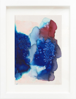 Carole Silverstein, "Flower Prayer (blue stains)," 2022, colored pencil, watercolor, and salt on watercolor paper, 12.75 x 9.75 inches (framed)