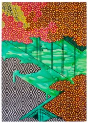 Carole Silverstein, at the jeweler's we try on miniature landscapes, 2014, Acrylic Ink on Mylar, 42 x 30 Inches