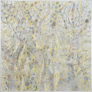 Claire Burbridge, <i>Unified Field,</i> 2022, Japanese watercolor, inks, salt UV plexi, soft white cast metal frame, 60.25 x 59.75 inches (framed)