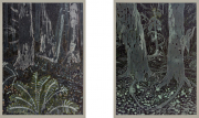 Claire Burbridge, <i>Nocturne 1 and 2,</i> 2023, watercolor, salt crystals Museum glass, cast metal light gray frame, 20.75 x 15.25 inches each (framed)