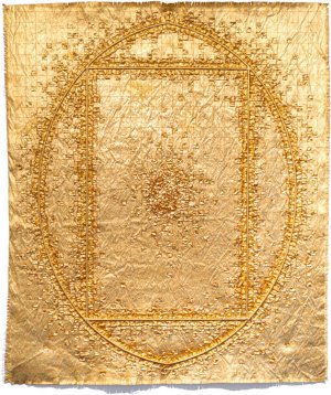 Andrew Fisher, <i>Square in Oval,</i> 2014, 24K Gold Leaf, Canvas, Steel Bars, Thread, 37 x 31.5 Inches