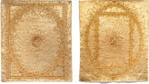 Andrew Fisher, Oval in Square and Square in Oval, 2014, 24K Gold Leaf, Canvas, Steel Bars, Thread, 37 x 31.5 Inches Each, 37 x 67 Inches All