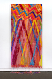 John Paul Morabito, "Untitled (fever)," 2024, linen, wool, gold leaf thread, glass beads, 98 x 47 inches