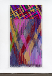 John Paul Morabito, "Untitled (you make me feel, mighty real)," 2024, linen, wool, gold leaf thread, glass beads, 93 x 47 inches