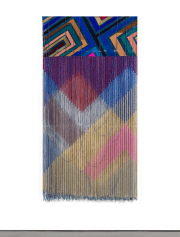 John Paul Morabito, "Untitled (too hot to sleep)," 2024, linen, wool, gold leaf thread, glass beads, 90 x 47 inches