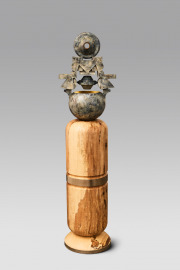 Jud Bergeron, "Shrine to the Dynamic Years," 2025  Cast bronze and hand turned ash wood with gold leaf, 62 x 16 x 12 inches