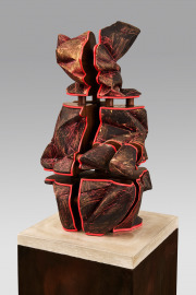 Jud Bergeron, "Exploded Demon Dog," 2025, ceramic, walnut veneered wood, ink and ultracal, 26 x 15 x 15 inches