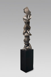 Jud Bergeron, "Deconstructed Demon Dog," 2025, cast hydrocal, steel, poplar wood, graphite and resin, 70 x 12 x 9 inches