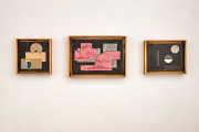 Jud Bergeron, "Untitled," 2024, ceramic and canary wood, 11.25 x 10.5 inches (framed), "Too Many Birds," 2024, ceramic and canary wood, 18.25 x 13 inches (framed), "A Portrait of Chris Duncan," 2023, ceramic and canary wood  13 x 11 inches (framed)