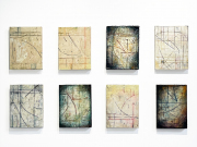 Mark Perlman, top (left to right): Ghost, Nourish, Relaunch, Pepper,  bottom (left to right): Pointer, Windup, Gone, Launch, 2023  Encaustic on panel  16 x 11 inches (each)encaustic on panel, 16 x 11 inches each