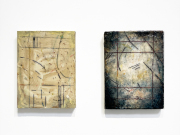 Mark Perlman, Bound (left), Shores (right), 2023, encaustic on panel, 16 x 11 inches each