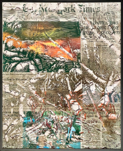Matthew Picton, <i>Adam Tills The Soil,</i> 2020, cut and altered photographs, archival print of <i>New York Times</i> front page, 32.75 x 26.5 inches (framed)