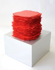 Betty Merken, <i>Slab Series, Red, Straight Up,</i> 2016, Each slab hand deckled, hand inked, and hand printed on Rives BFK paper. Base: Anodized aluminum, Total dimensions” 13 x 9 x 9 Inches, Printed dimensions: 7 x 6 x 6 Inches