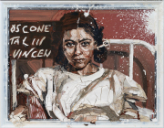 Monica Lundy, "Natalina (Santa Maria della Pietà, Rome)," 2021, mixed media with liquid porcelain on panel in wooden frame, 28 x 35 x 2 inches