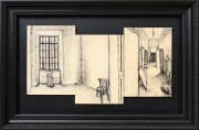 Monica Lundy, "The Long Corridor (Santa Maria della Pietà, Rome)," 2023, charcoal on panel in wooden frame, 35.875 x 54.75 x 4.75 inches