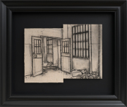 Monica Lundy, "The Double Door at the Top of the Stairs (Santa Maria della Pietà, Rome)," 2023, charcoal on linen in wooden frame, 26.5 x 31.5 x 3.25 inches