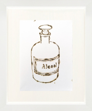 Monica Lundy, "Alcool (Alcohol) from the Hospital Pharmacy of Santa Maria della Pietà," 2019, burned drawing on Fabriano paper, 12 x 10 inches (framed)