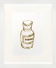 Monica Lundy, "Borace (Borax) from the Hospital Pharmacy of Santa Maria della Pietà," 2019, burned drawing on Fabriano paper, 12 x 10 inches (framed)