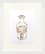 Monica Lundy, "Cloruro d’oro Bruno all 1% (1% Brown Gold Chloride) from the Hospital Pharmacy of Santa Maria della Pietà," 2019, burned drawing on Fabriano paper, 12 x 10 inches (framed)