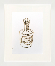 Monica Lundy, "Estratto Fluido di Arancio Amaro (Fluid Extract of Bitter Orange) from the Hospital Pharmacy of Santa Maria della Pietà," 2019, burned drawing on Fabriano paper, 12 x 10 inches (framed)