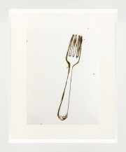 Monica Lundy, "Cloruro d’oro Bruno all 1% (1% Brown Gold Chloride) from the Hospital Pharmacy of Santa Maria della Pietà," 2019, burned drawing on Fabriano paper, 12 x 10 inches (framed)