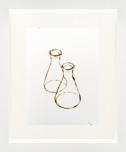 Monica Lundy, "Glass Flasks from the Hospital Pharmacy of Santa Maria della Pietà," 2019, burned drawing on Fabriano paper, 12 x 10 inches (framed)