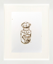 Monica Lundy, "Novocaina (Novocaine) from the Hospital Pharmacy of Santa Maria della Pietà," 2019, burned drawing on Fabriano paper, 12 x 10 inches (framed)