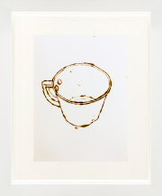 Monica Lundy, "Tin Cup from the Hospital Santa Maria della Pietà," 2020, burned drawing on Fabriano paper, 12 x 10 inches (framed)