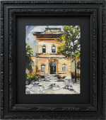 Monica Lundy, "Façade of Pavilion IV with Cat (Santa Maria della Pietà, Rome)," 2023, mixed media with liquid porcelain on panel in wooden frame 34.375 x 30.5 x 3 inches