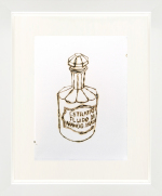 Monica Lundy, "Estratto Fluido di Arancio Amaro (Fluid Extract of Bitter Orange) from the Hospital Pharmacy of Santa Maria della Pietà," 2019, burned drawing on Fabriano paper, 12 x 10 inches (framed)