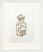 Monica Lundy, "Mercurio Cianuro (Mercury Cyanide) from the Hospital Pharmacy of Santa Maria della Pietà," 2020, burned drawing on Fabriano paper, 12 x 10 inches (framed)