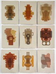 Sam Hodge, "Unfolding series grid (various titles)," 2025, relief print from unfolded cardboard packaging in ink made with natural pigments on gray paper, 15 x 11 in. (each), 47 x 35 in. (all)