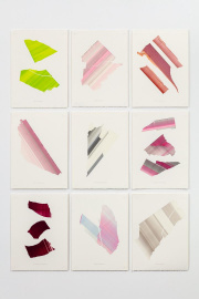 Eric Butcher, "G/R. 1104, 1105, 1106, 1107, 1108, 1109, 1110, 1111, 112," 2025, recycled paint fragments: acrylic, graphite, tin, and acrylic gel on paper, 15 x 11 inches (each), 47 x 35 inches (all)