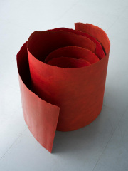 Lucinda Burgess, "Red Fugue," 2025, Indian Khadi paper, pigment, wax and pencil, 27.5 h x 27.5 d (approx.) inches, dimensions variable