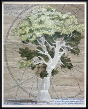 Renée Bott, "Fact &amp; Fiction," 2024, acrylic and color pencil on book pages mounted to Japanese paper, 37 x 30.5 inches (framed)