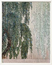 Renée Bott, "Willow, Willow," 2025, acrylic on bookpages mounted to Japanese paper with collage and color pencil, 34 x 27.25 inches (framed)