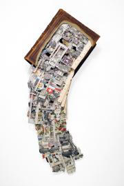 Brian Dettmer, "Spellage," 2020, hardcover book, acrylic varnish, epoxy putty, acrylic, wood, 35 x 16 x 5 inches