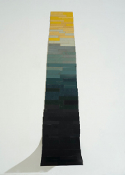 Emily Payne, "Conduit 1," 2024, book covers on book boards, steel shelf, 74 x 14 x 16 inches